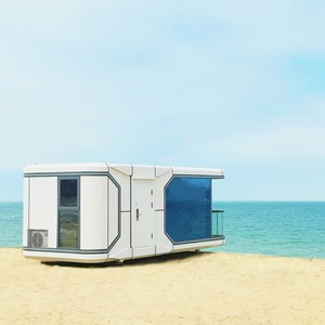 Maison-conteneur moderne de conception rectangulaire pour usage hôtelier avec grandes fenêtres et unité de climatisation - Product Image 1