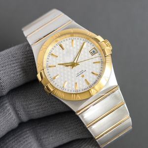 Montre pour homme Omegaes haut de gamme et luxueuse, mouvement mécanique automatique, bracelet en acier inoxydable, cadran à motif soleil doré - Product Image 5