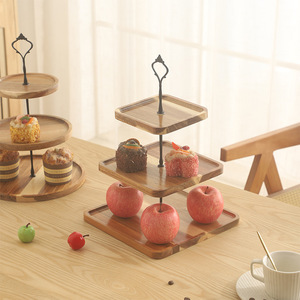 Wooden Three Tier Dessert Stand Square Shape For Home Party Display <b>Rack</b> With Fruit <b>Plate</b> And Cake Tray - Product Image 1
