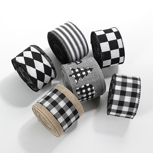 Ruban décoratif en lin imitation, noir et blanc, à carreaux, gaufré, 2 m, pour emballage cadeau, couronnes et nœuds, vente en gros - Product Image 1