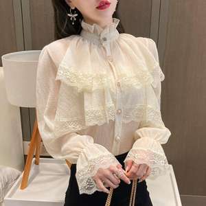 <span class=keywords><strong>Camicetta</strong></span> da donna elegante Chic <span class=keywords><strong>con</strong></span> <span class=keywords><strong>volant</strong></span> <span class=keywords><strong>con</strong></span> collo largo maniche svasate pesanti top in tessuto a maglia traspirante Patchwork di pizzo - Product Image 4