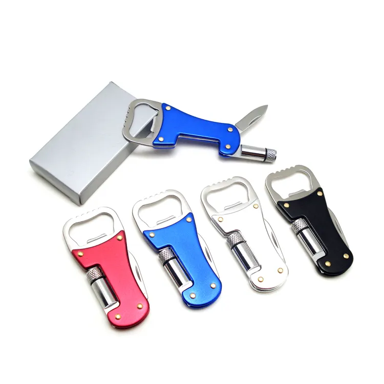 Outdoor camping hiking use portable stainless steel knife aluminum cover beer bottle opener with flashlight