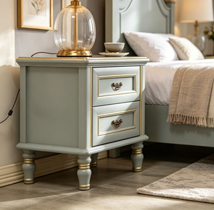 Chic Gold Line Solid Wood Nightstand 2-<b>Drawer</b> Turned Leg Bedside Cabinet Durable Multi-Purpose Traditional Bedroom Furniture - Product Image 3