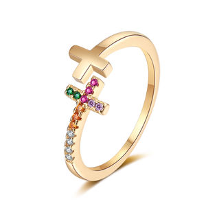 ファッションシンプルな宗教的なクロスオープンリングカラフルなジルコン男性女性クリスチャンジュエリーゴールドメッキリング - Product Image 1