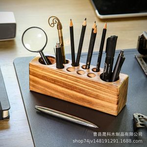 Wooden Pen Holder <b>Solid</b> <b>Wood</b> <b>Desk</b> Organizer Square Shape For Paintbrushes And Art Tools - Product Image 3