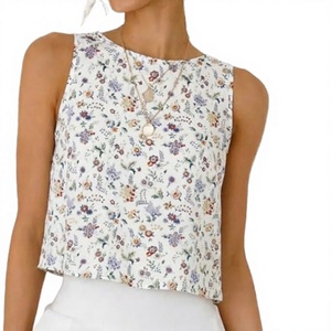 <b>Summer</b> Floral Decoration <b>Sleeveless</b> Mini Tank <b>Top</b> with O-Neckline Spring/<b>Summer</b> Breathable Women's Daily Wear Tank <b>Top</b> Set - Product Image 3