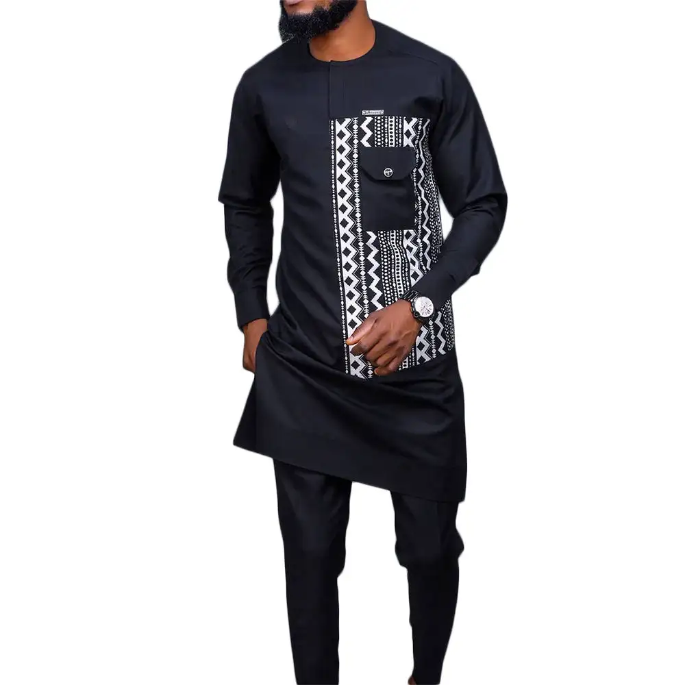 African Men Dashiki 2023 Long Sleeve 2 piece Set Traditional Africa Clothing Striped Black Men's Suit Male Shirt Pants Suits