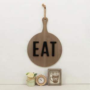 Panneau mural rond en bois Parisloft « Eat » 12,75 po, décoration de cuisine style ferme, design texte marron et noir - Product Image 1