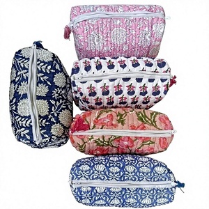 Blockprinted Quilted Large Cotton Toiletry Bags Vintage Cosmetic Organizer Holiday Gifts Boho Women's Bridesmaid <b>Makeup</b> Bag - Product Image 1