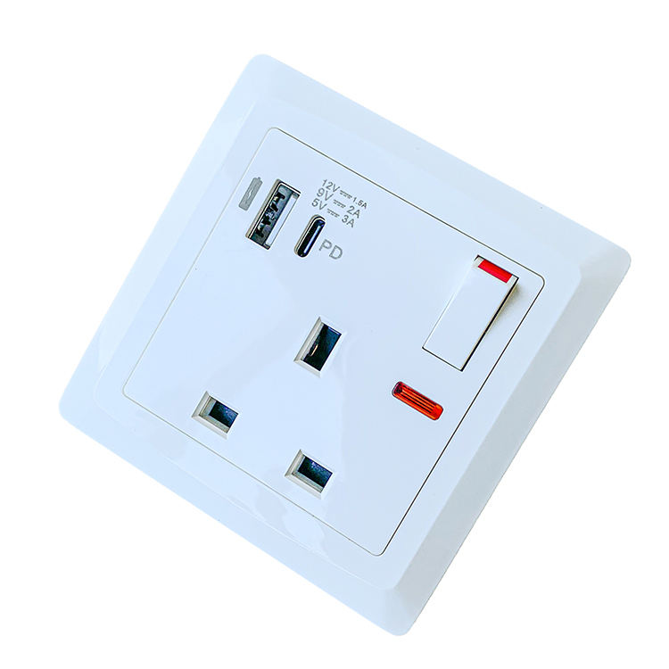 VNX Factory Wholesale 13A Wall Switch and Socket 3 Pin British Standard Socket and Switch Wall Switch with USB Type-C Outlet