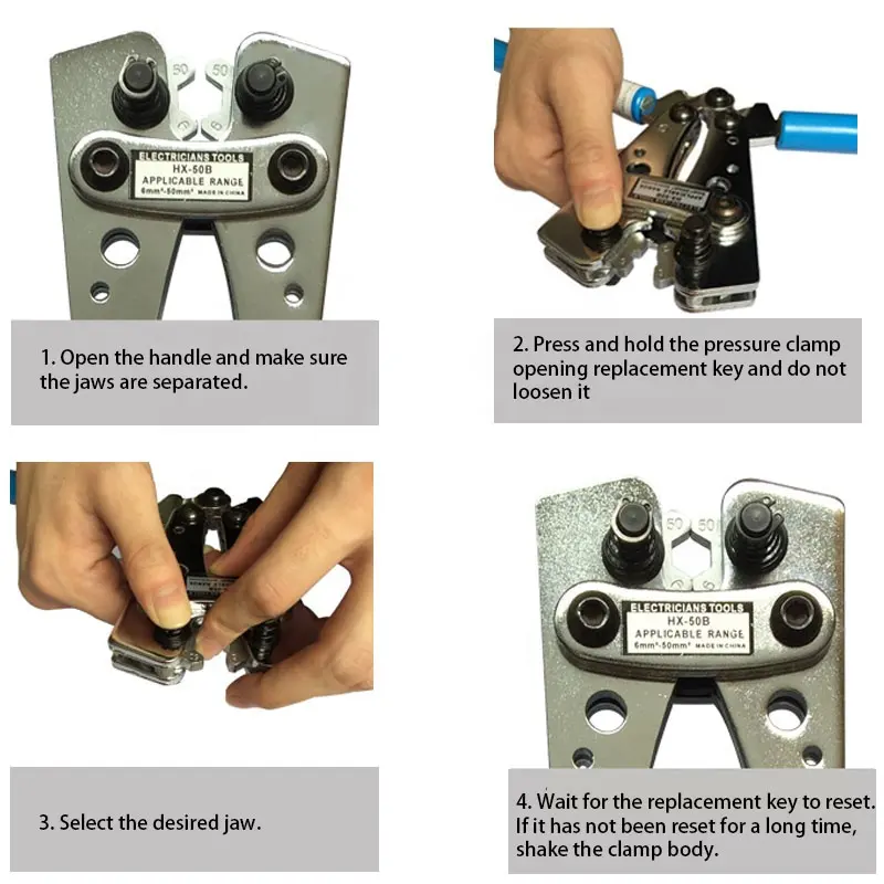 HX-50B 10-0AWG 6-50mm altıgen tel sıkma pense mavi renk pil kablo sıkma aracı ile 60 adet olmayan yalıtımlı kablo pabucu