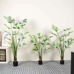 Plantes artificielles modernes en gros pour la décoration intérieure : Arbre bonsaï décoratif en feuilles de Monstera blanches, plantes artificielles en pots pour aménagement paysager de jardin - Product Image 1