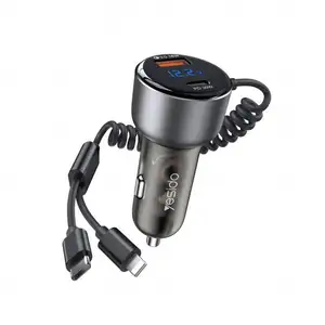 Yesido 60W Zinc Alloy Car Charger with 30W 1.2m Dual Port Fast Charging Spring Data Cable