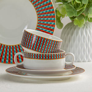 Ensemble de vaisselle en céramique JQY, assiettes et bols, style nordique, porcelaine blanche, assiettes à dîner de haute qualité, décor à carreaux rouges, vaisselle de cuisine - Product Image 5