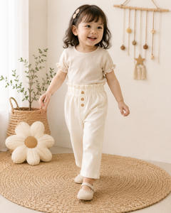 Pantalones Culottes de Cintura Alta Color Crema para Niñas, 100% Algodón, Cierre de Botones, Corte Holgado, Largo hasta la Rodilla, Ropa Casual de Verano - Product Image 3