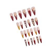 24 faux ongles à presser, forme amande, rouge, French manucure, motif léopard doré, avec lime à ongles en gelée, vente en gros, dropshipping