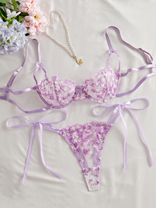Wholesale Purple Floral Embroidery Women's Lingerie <b>Set</b> <b>Sexy</b> Sheer Lace Underwire Bra and Tie Side Thong with Bow Details - Product Image 2