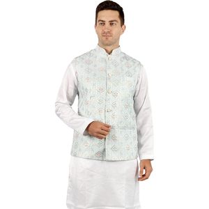 Conjunto de Kurta, Pijama y Chaleco 3 en 1 para Hombre, Algodón, Ropa Tradicional Étnica India, Diwali Puja, Blanco - Product Image 2