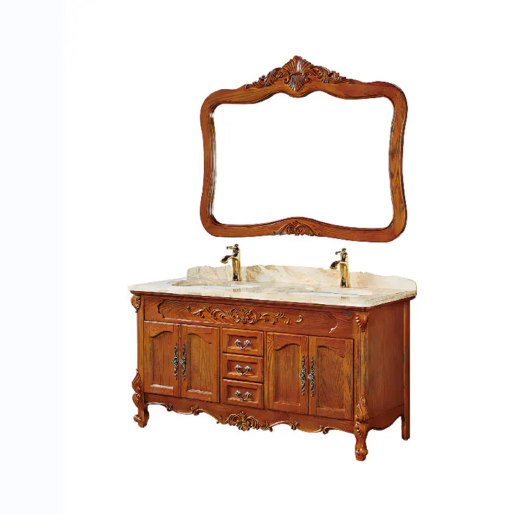 Meuble de salle de bain avec dessus en marbre, Style européen et américain, vintage, avec deux éviers, rangement pour salle de bains