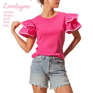 Loveda Custom Cute Rib Knit Blouse Crew Neck Trim Ruffled Sleeve Pink Solid Top For Women