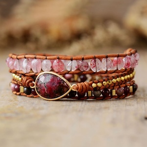 Gran oferta, pulseras envolventes de lágrima de 3 hebras para <span class=keywords><strong>mujer</strong></span>, pulsera de cristal curativo de piedras naturales con cordón de cuero, accesorio de moda - Product Image 2