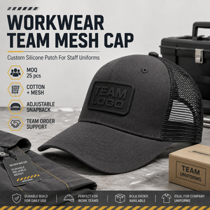 Gorra Trucker de Malla con Parche de Silicona y Logotipo Personalizado, Parte Delantera de Algodón, Ajustable con Cierre a Presión, para Uniformes de Personal y Equipos - Product Image 1
