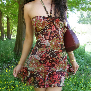 Wholesale Y2K Women Vacation Dress Vintage Colorful Print Beaded Halter <b>Tie</b> Backless Tube Dress - Product Image 1