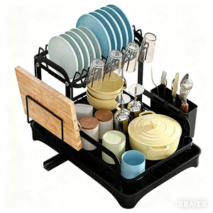 Escurridor de platos cuadrado negro de 2 niveles, contenedores de almacenamiento de despensa de cocina, estante de secado, estante grande para platos con escurridor - Product Image 3