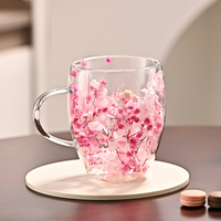 Dubbellaagse gedroogde bloemen glazen koffiemok van hoog borosilicaatglas, modern design, transparant, BPA-vrij