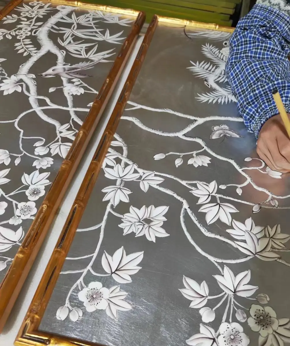 Henling-papel tapiz de flores pintadas a mano, Fondo de aluminio plateado para decoración de pared