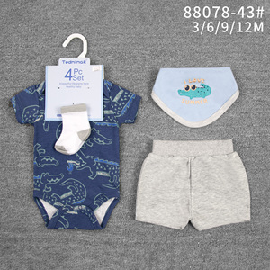Set di 4 Pezzi Tedmimak in Cotone per Neonata <span class=keywords><strong>12</strong></span> <span class=keywords><strong>Mesi</strong></span>, Stampa Animalier/Floreale Stile Americano, Tutina Estiva a Maniche Corte con Bavaglino - Product Image 3
