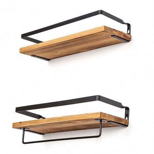 Modern <b>Rustic</b> Floating Wall <b>Shelves</b> Elegant Matte Black Metal Frame Triangle Bracket 2 Rails Decorative Storage Set RheTech - Product Image 1