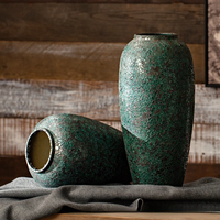 Set Vas Keramik Glaze Crackle Buatan Tangan Warna Hijau Vintage Tekstur Terkemukakan, Stoples Tembikar Mulut Lebar untuk Dekorasi Meja Gaya Farmhouse dengan Bunga Kering