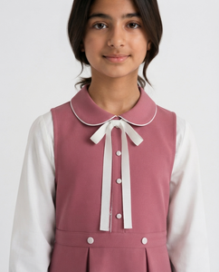 Robe d'uniforme scolaire personnalisée pour filles, collection printemps, unie, manches longues, en mélange de coton, modeste, formelle, longueur genou, avec dentelle - Product Image 5