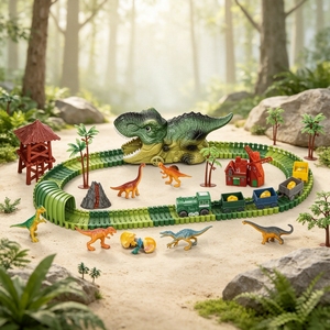 Jouets de construction de circuit de dinosaures DIY avec tunnel, 173 pièces, ensemble de train électrique, kit de construction ferroviaire STEM, cadeau de Noël en gros pour enfants - Product Image 4