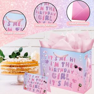 Bolsa de Regalo de Cumpleaños Rosa Clásica Ecológica JOYWOOD con Tarjeta de Felicitación con Impresión Digital y Papel de Seda para Niñas - Product Image 3