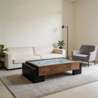Table basse décorative de luxe avec plateau bleu texturé, cadre en bois, pieds noirs en bloc, table d'appoint contemporaine