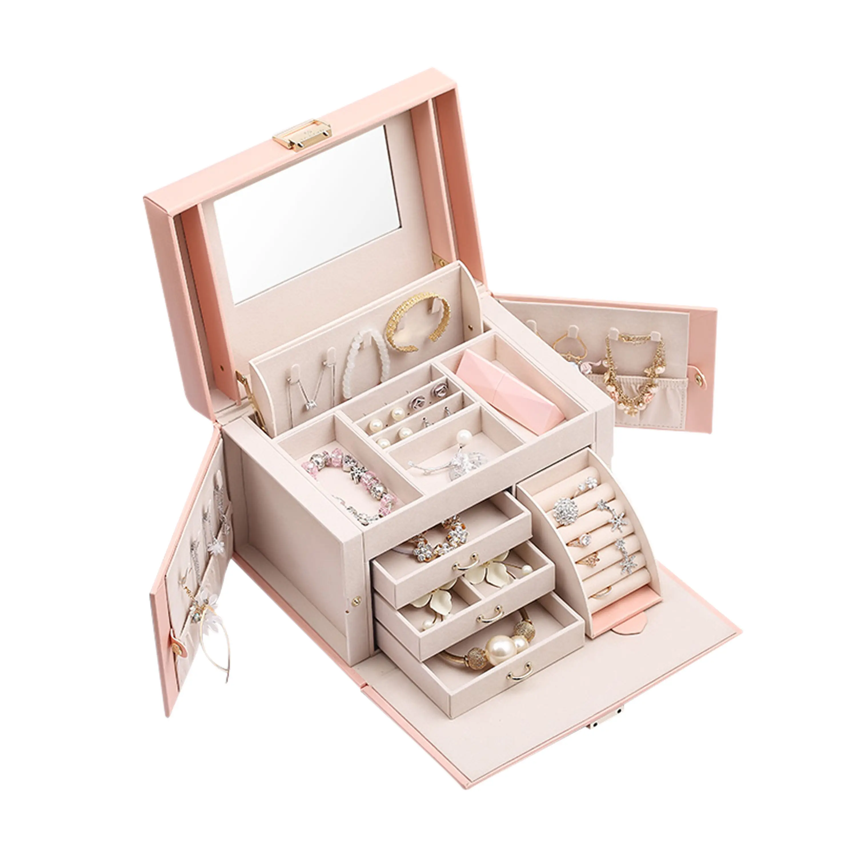 Pu Lederen Grote Jewlery Box Verpakking Blauwe Grote Sieraden Reissets Box Organizer Lade Opslag