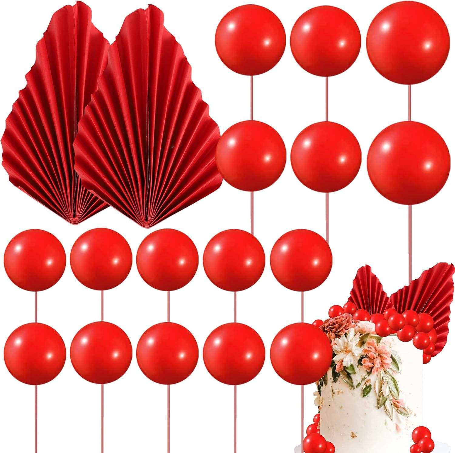 Ensemble de 20 éventails en papier avec boules en mousse rouge.