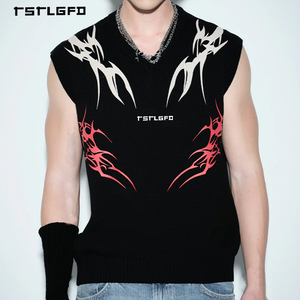 <span class=keywords><strong>Gilet</strong></span> da Uomo <span class=keywords><strong>Nero</strong></span> Personalizzato Senza Maniche Stile Y2K Streetwear in Maglia con Ampia Stampa Tribale a Fiamma <span class=keywords><strong>e</strong></span> Scollo a V Vestibilità Ampia - Product Image 1