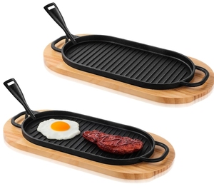 Sang Trọng Đúc Sắt Nướng Chảo Với Không Dính Hot Vỉ Nướng Sizzling Tấm Thân Thiện Với Môi BBQ Sizzler Khay Với Cơ Sở Bằng Gỗ - Product Image 1