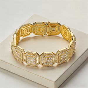 Pulsera de tenis de lujo chapada en oro macizo de 10K con diamantes cultivados en laboratorio de corte baguette, diseño geométrico, engaste de puntas, unisex, tercera parte - Product Image 4