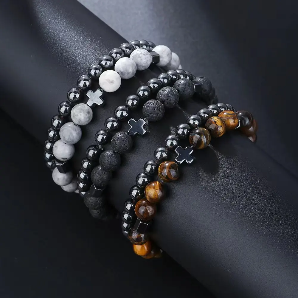 2 pcs/set Bracelets en pierre naturelle Hématite Cross Elastic Bracelet Charm Men Gifts