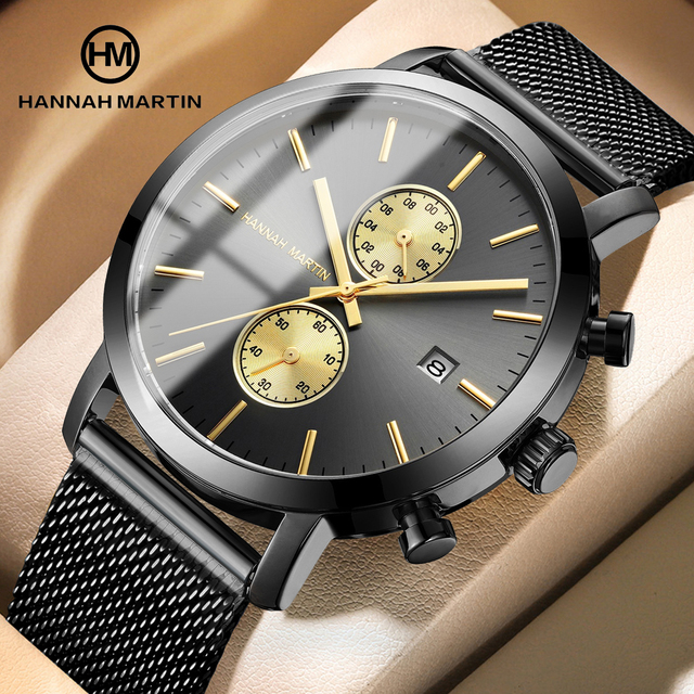 Hannah Martin High Quality Brand Black Stainless Steel Watch With Calendar Custom Waterproof Chronograph Quartz Watches for Men