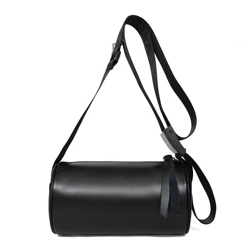 Genuine Leather Waterproof Custom Women Black Barrel Messenger Shoulder Bag