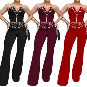 Conjunto de 2 Piezas para Mujer, Top Sexy sin Mangas con Detalles Metálicos y Pantalones Largos, Estilo Cóctel - Product Image 1