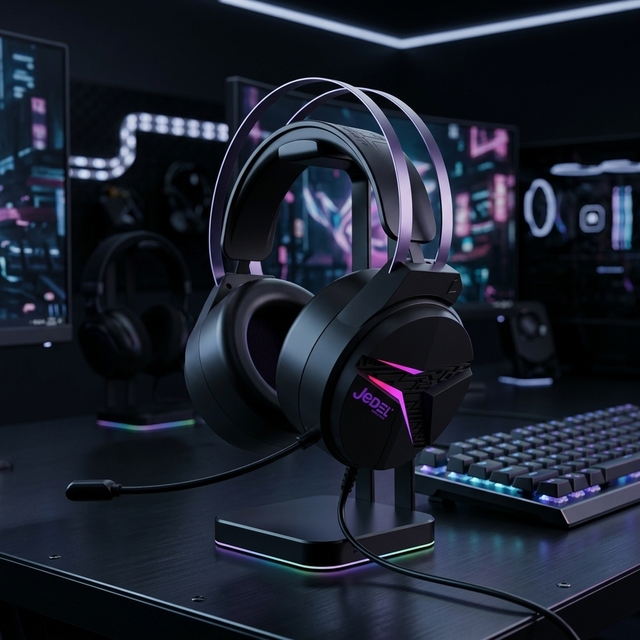 Jedel Double Headband RGB Gaming Headset USB Wired Over Ear Game Headphones With Noise Cancelling Microphone for PC PS4 PS5 Xbox