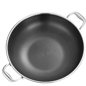 316 <span class=keywords><strong>Wok</strong></span> en acier inoxydable à double oreille 40 <span class=keywords><strong>42</strong></span> grand sauté à fond plat antiadhésif pour la maison - Product Image 2