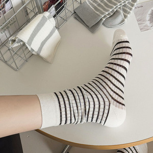 <b>Black</b> And White Striped Thin Mid Calf <b>Socks</b> For Women Cotton Breathable Slouch Style Preppy Look - Product Image 5