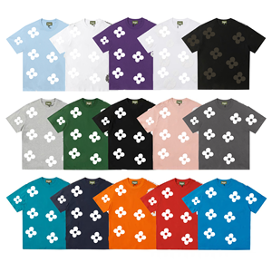 T-shirts en gros pour hommes, ensemble T-shirt et short en coton à motif floral et déchiré style denim européen et américain à manches courtes - Product Image 3